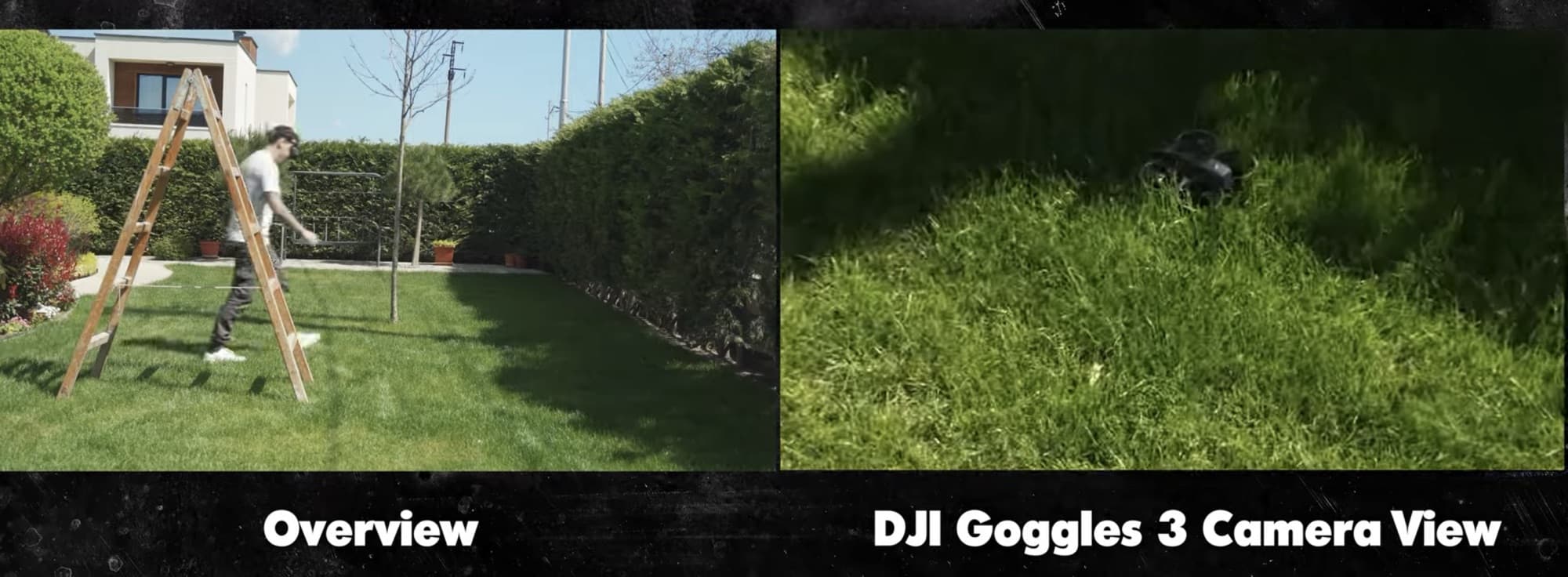 Split screen comparing a garden overview with the DJI Goggles 3 camera view.