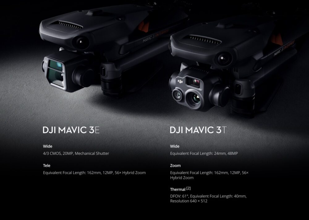 DJI comparison graphic showing the Mavic 3E and Mavic 3T with their camera specifications.