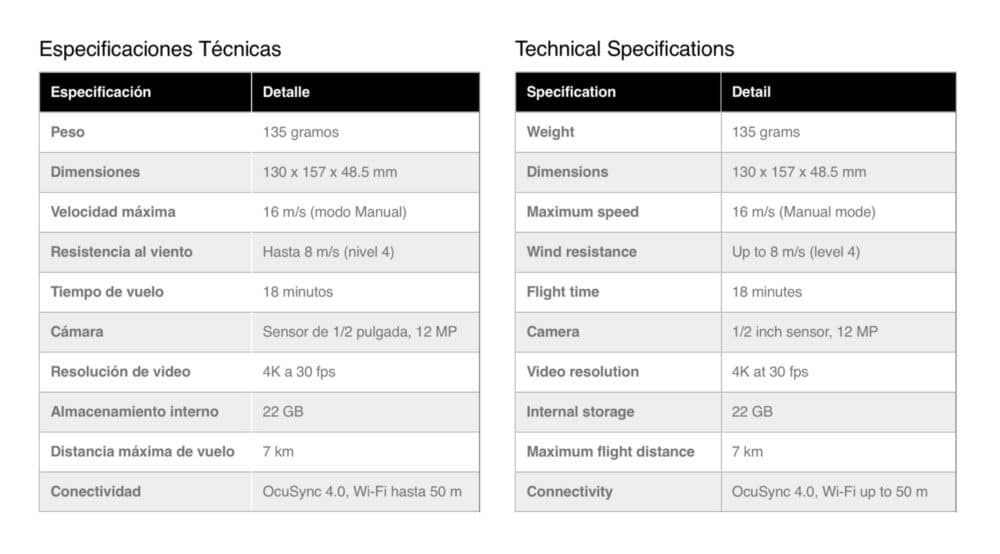 Screenshot of DJI Neo specifications listed side by side in Spanish and English.