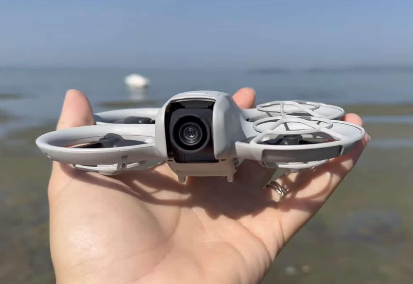 The beginner-friendly DJI Neo with its removable prop guards fitted.