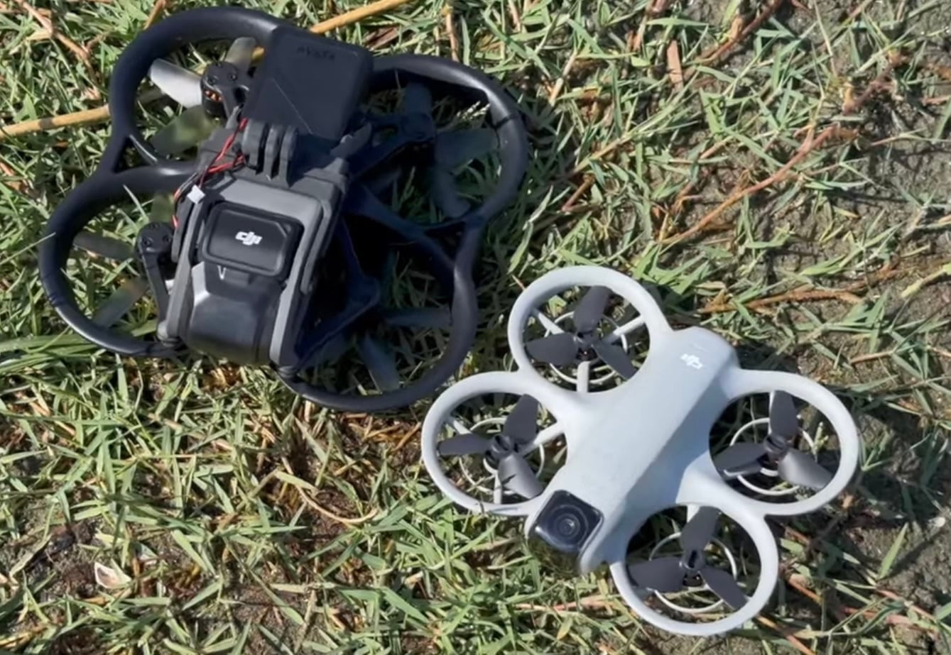 The original DJI Avata next to the much smaller DJI Neo.