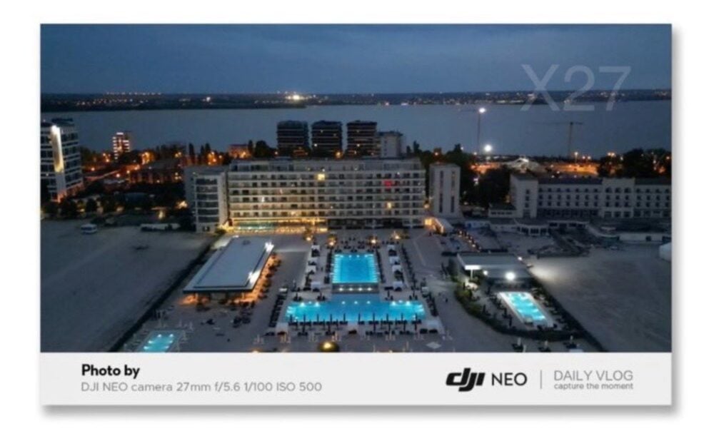 Leaked DJI Neo marketing card showing a night aerial of a resort pool complex.