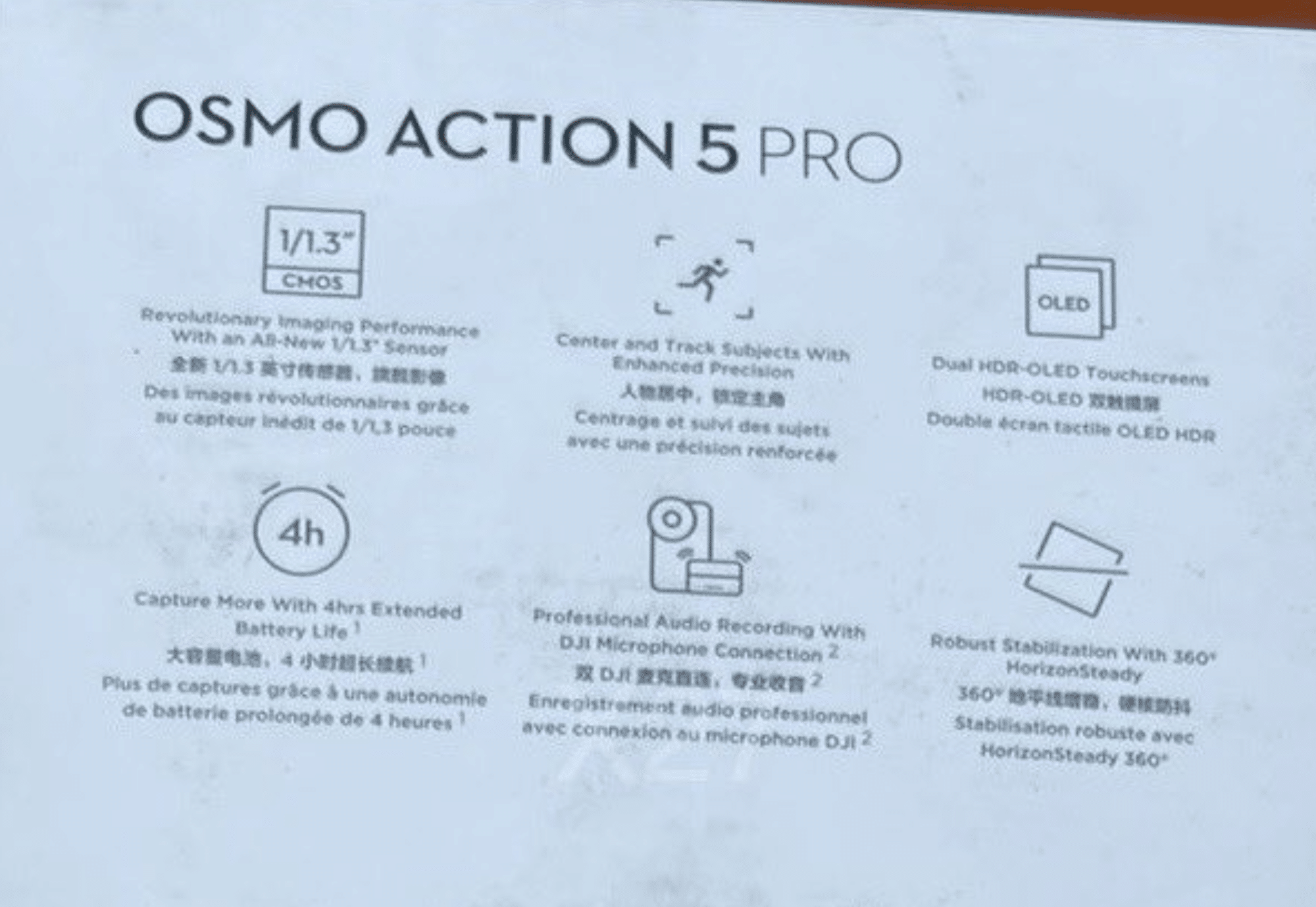 Leaked packaging for the Osmo Action 5 Pro touting its new 1/1.3-inch CMOS sensor.