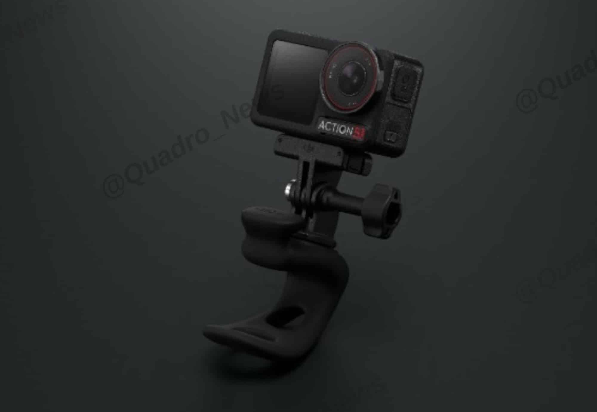 Compact black body of the Action 5 Pro with front screen and mounting bracket.