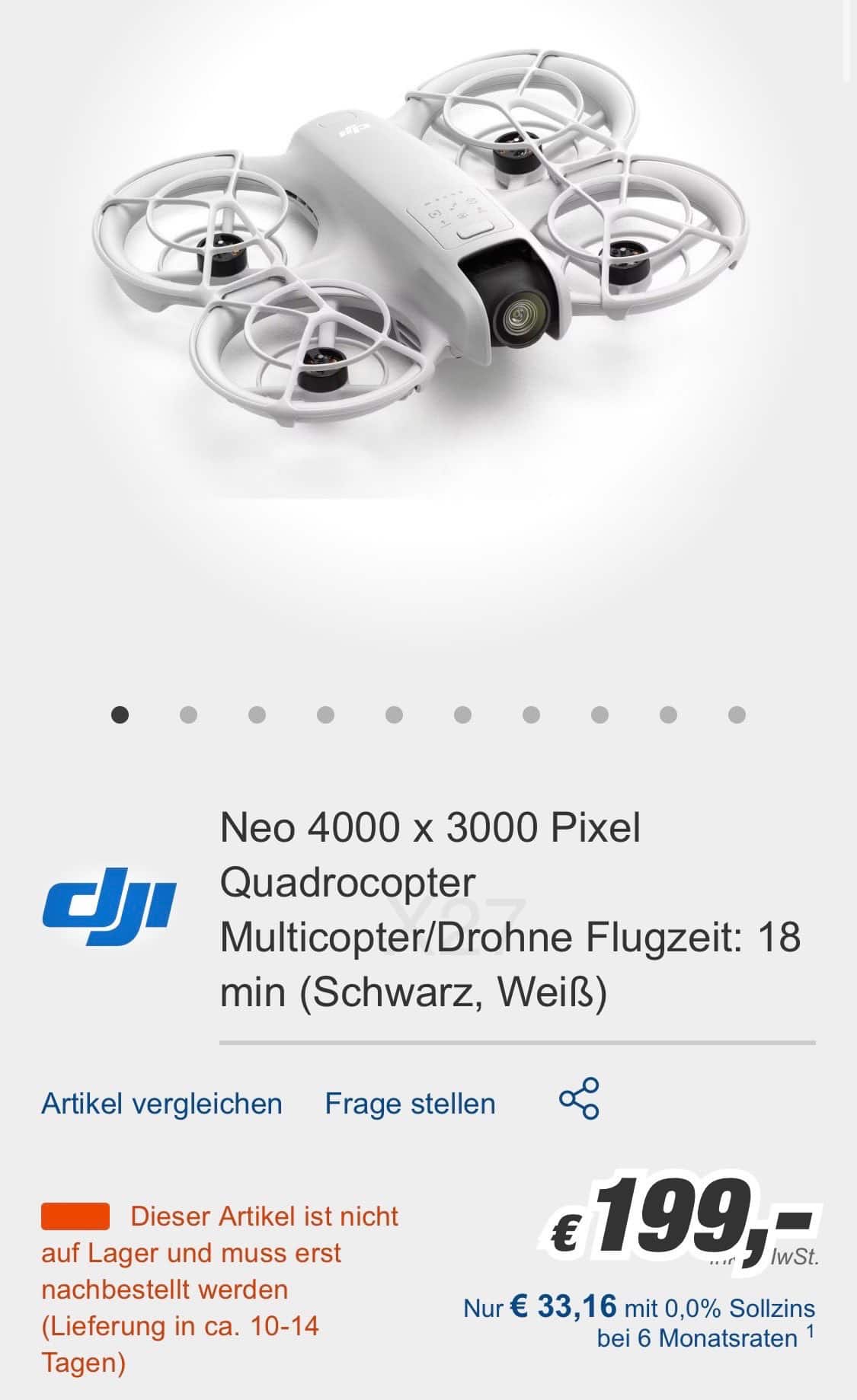 Pricing from the German web store listing the DJI Neo on its own at 199 euros.