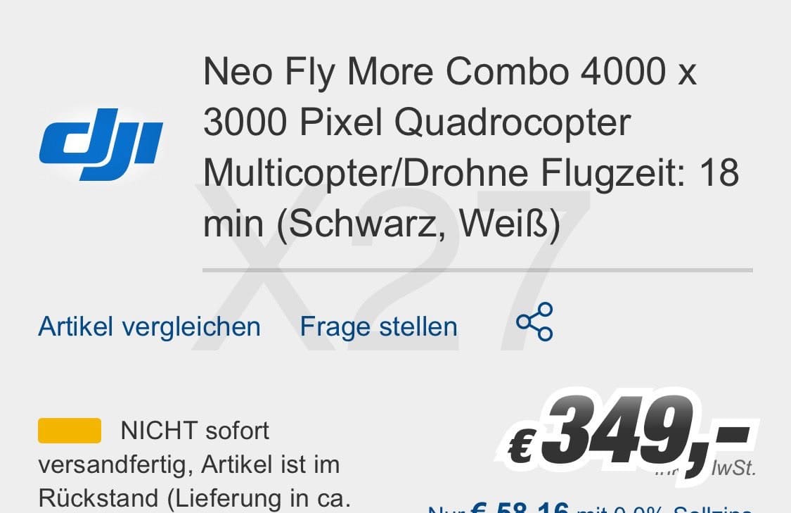 The German store page for the DJI Neo Fly More Combo at 349 euros.