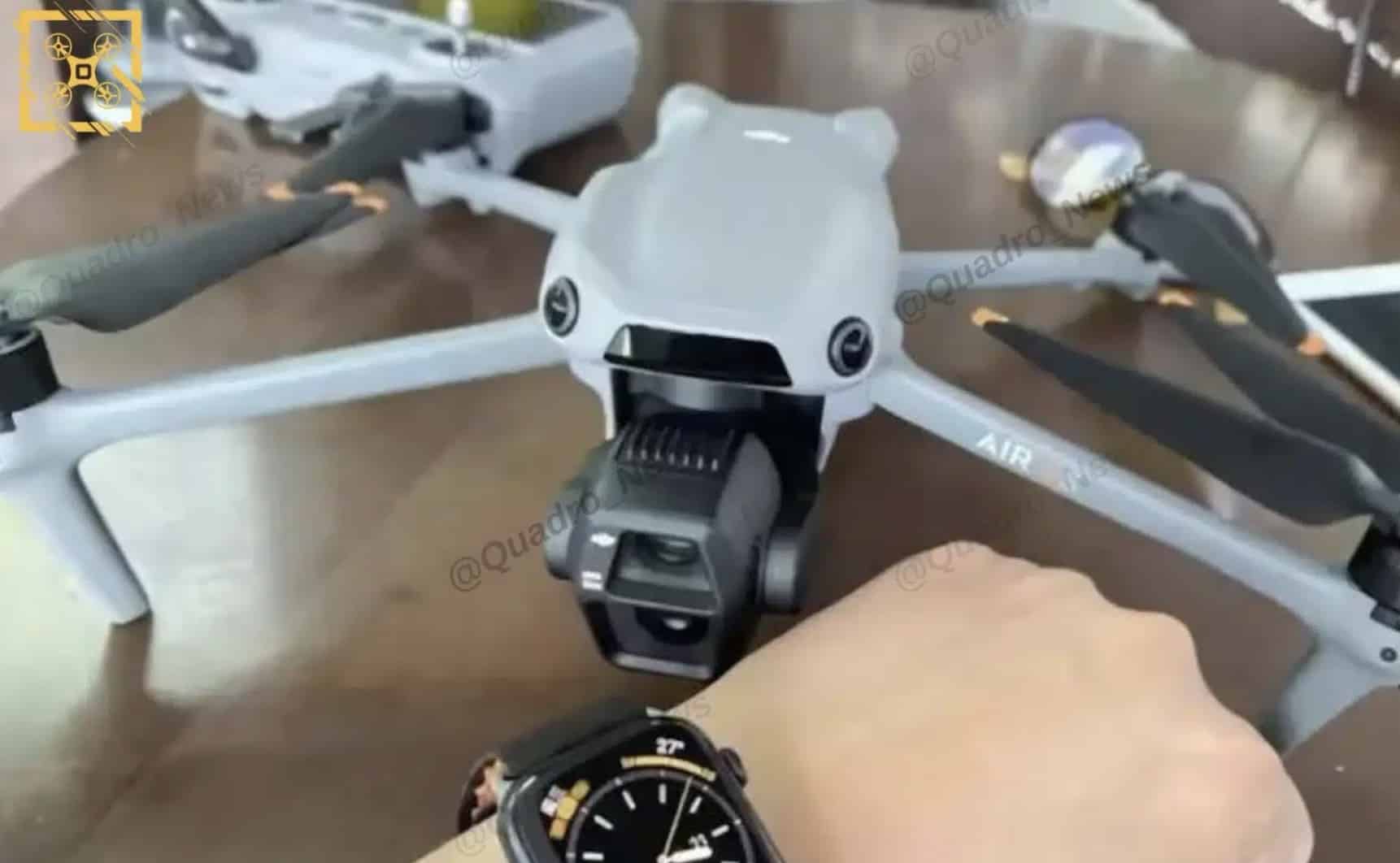 Leaked photo of the unfolded Air 3S on a table with a hand reaching in.