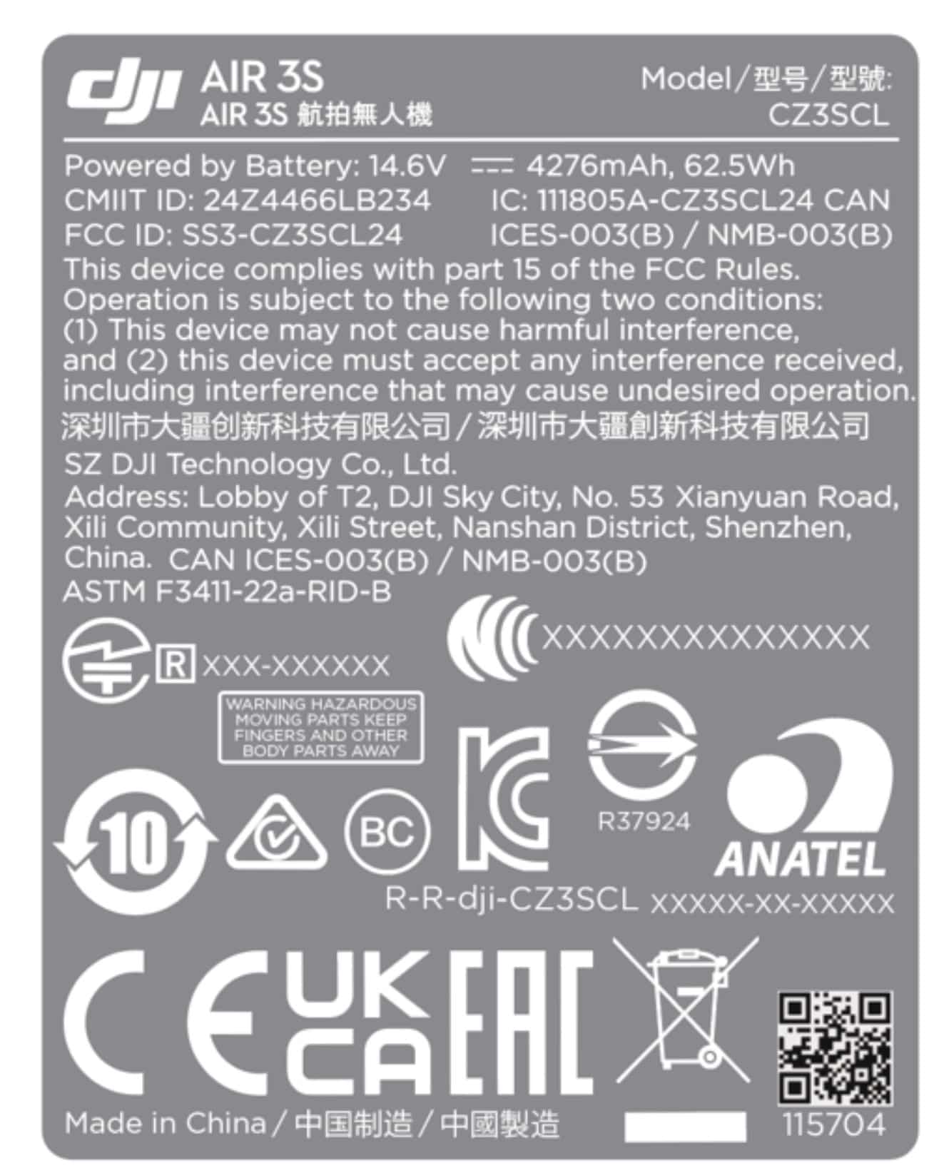 Regulatory label for the DJI Air 3S listing model CZ3SCL and battery specs.