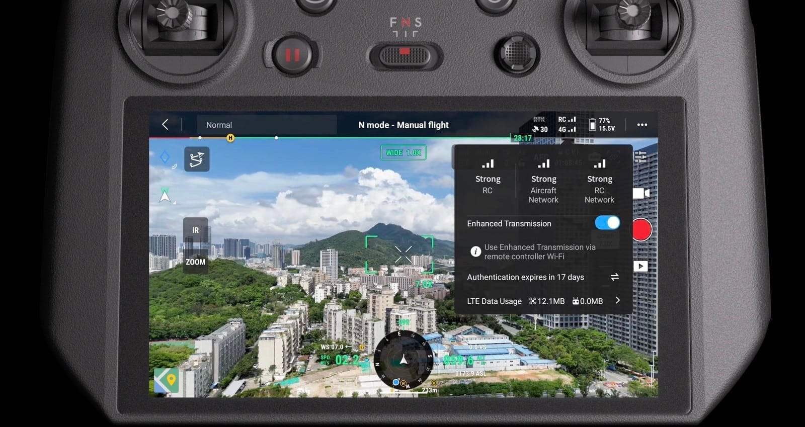 Enterprise remote controller screen showing Enhanced Transmission enabled with all three signal readings strong.