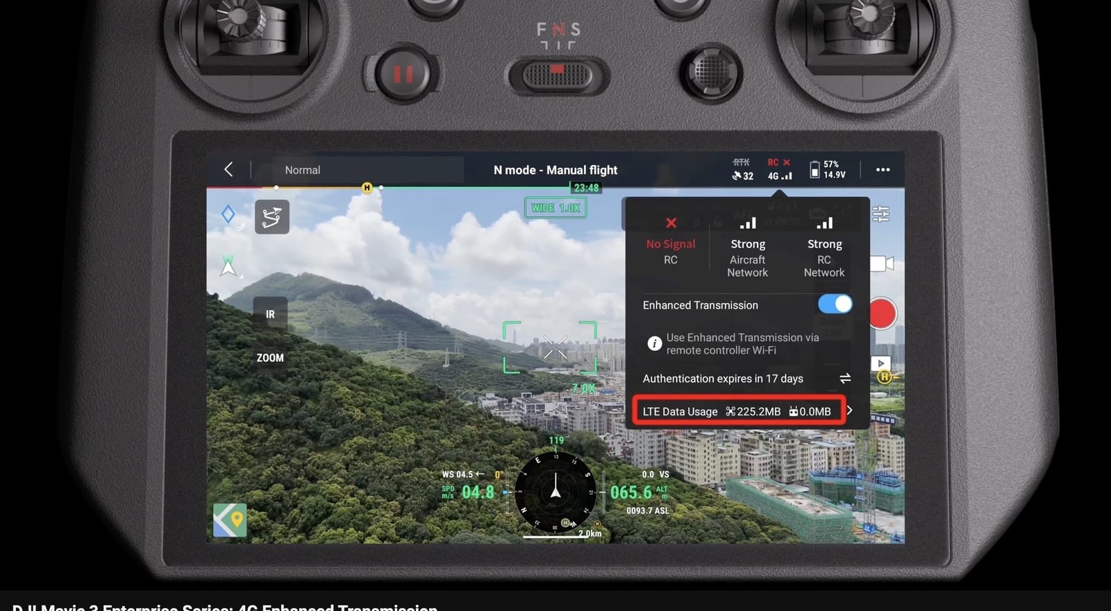 Same controller screen with RC signal lost and LTE data usage boxed in red.