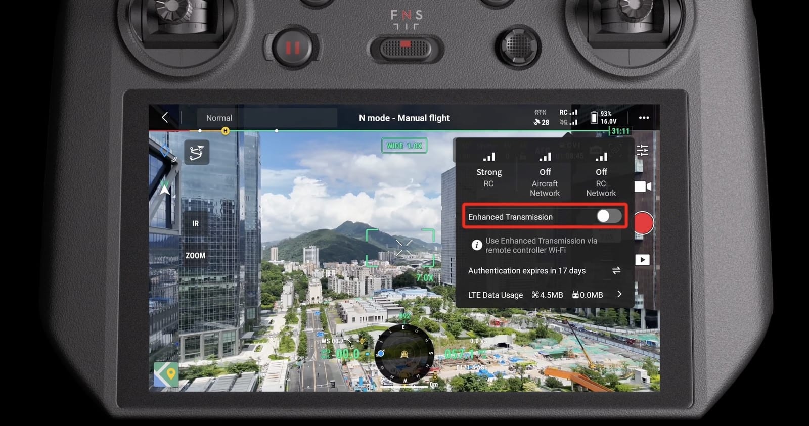 Same flight view with a red box drawn around the Enhanced Transmission toggle.