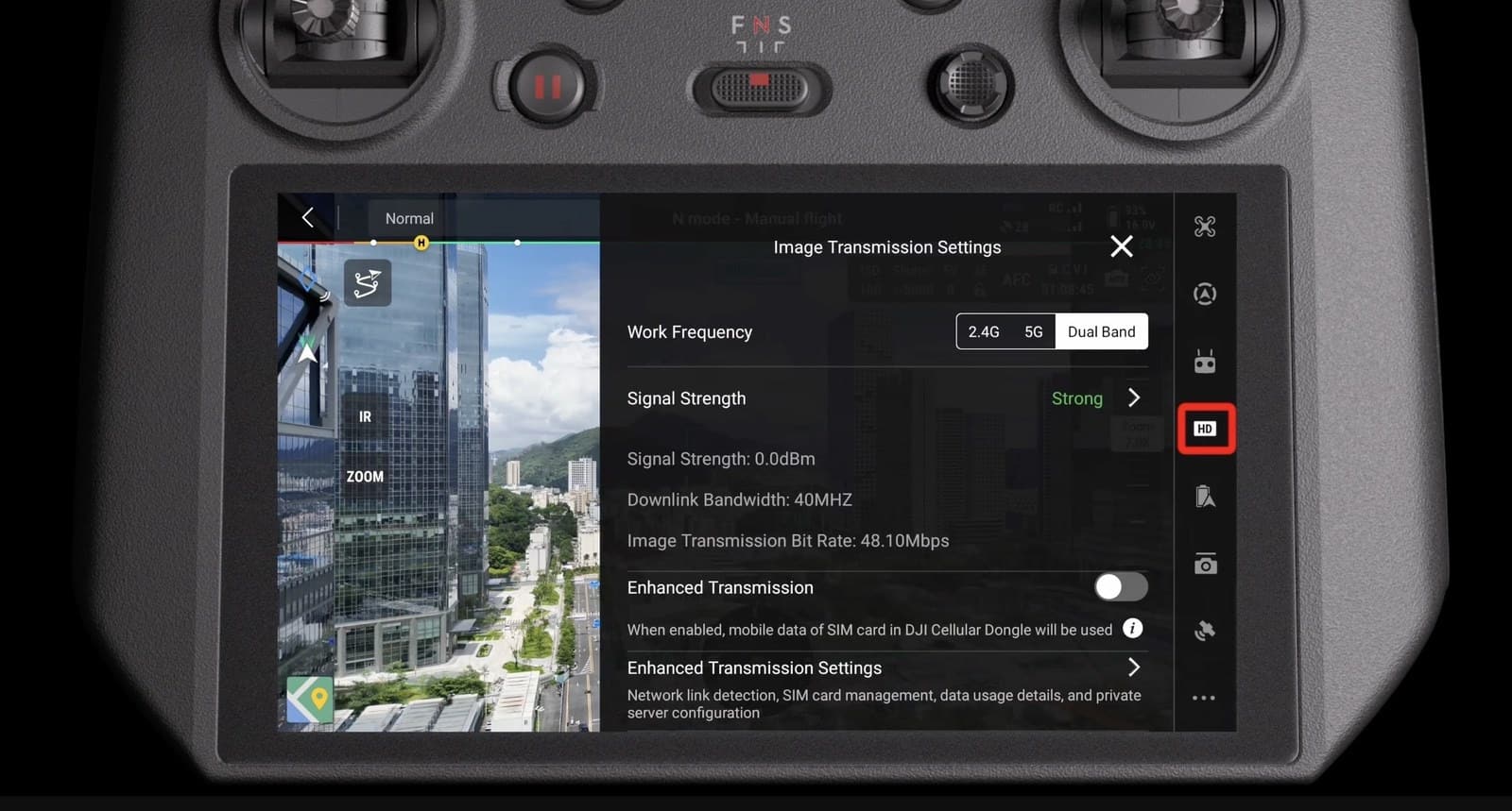 Image Transmission Settings panel open with the sidebar transmission icon ringed in red.
