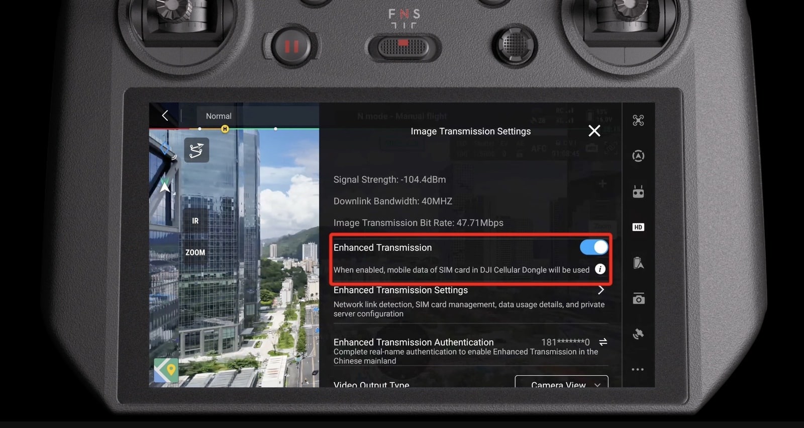 Enhanced Transmission switched on in Image Transmission Settings at minus 104 dBm signal.