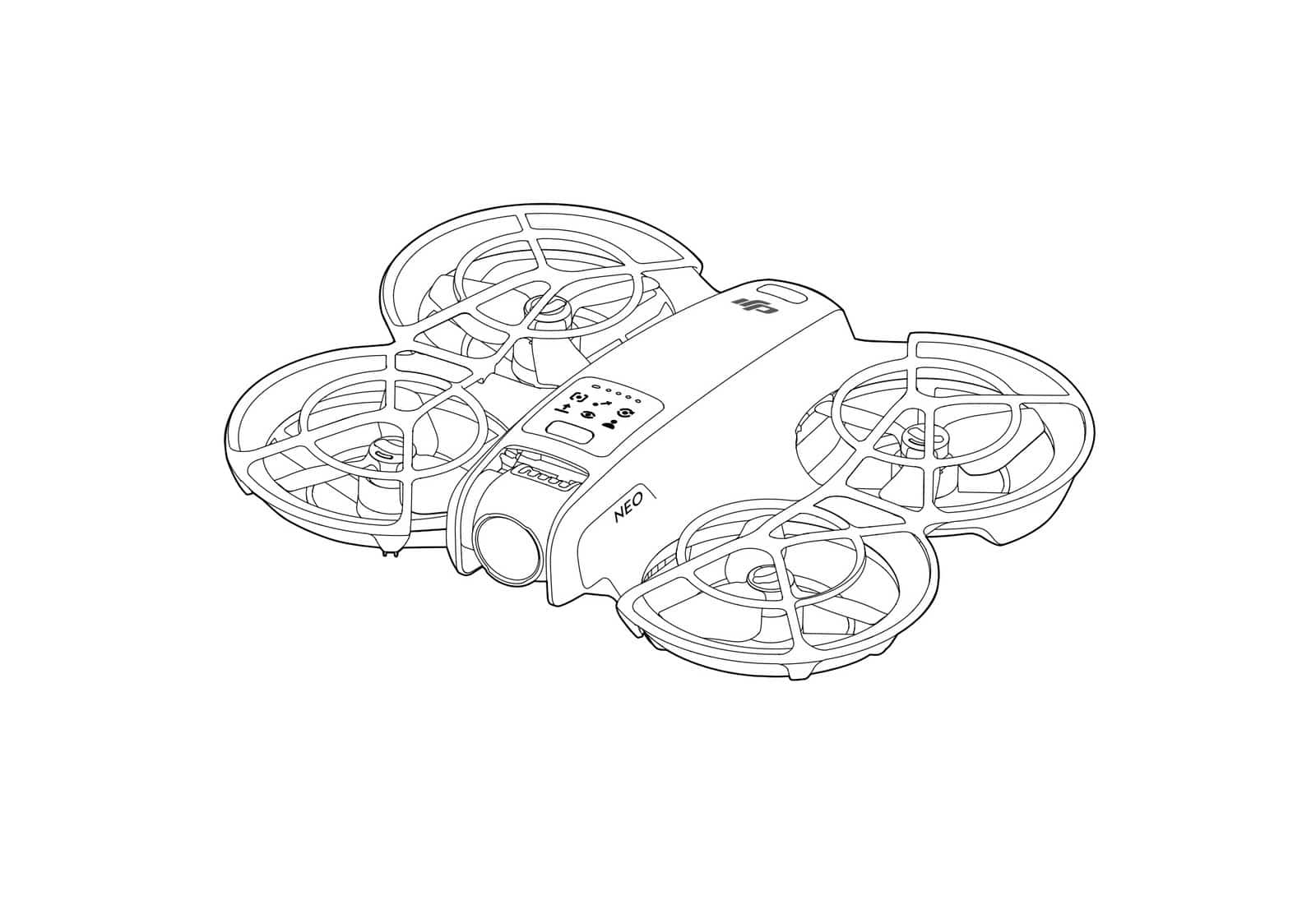 Line drawing of the Neo in three-quarter view with its four propeller guards.