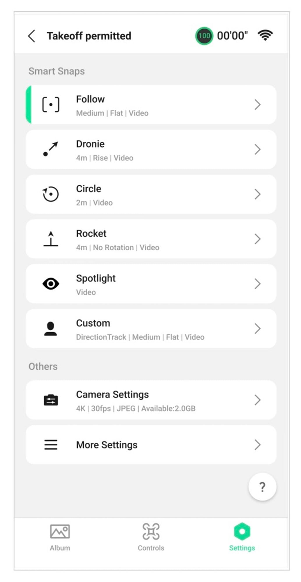 DJI Fly Smart Snaps menu listing Follow, Dronie, Circle, Rocket, Spotlight and Custom.