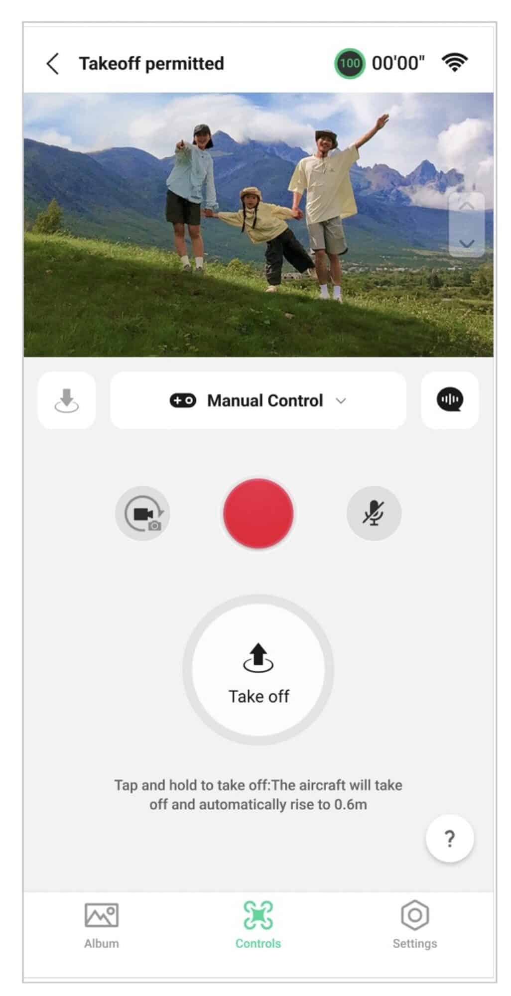 App screen in Manual Control with the take off button and record shutter.