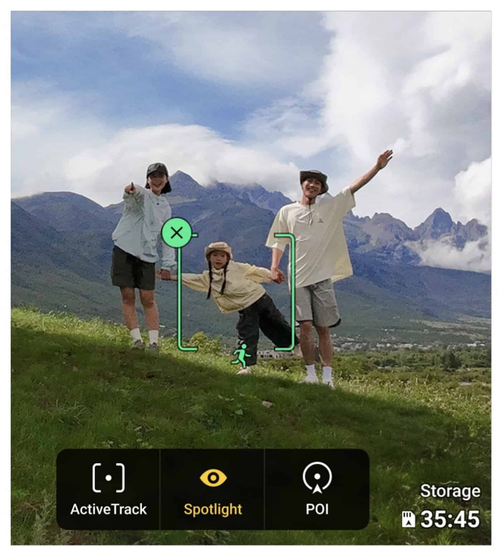 Camera view with ActiveTrack, Spotlight and POI buttons and a tracking box on a child.