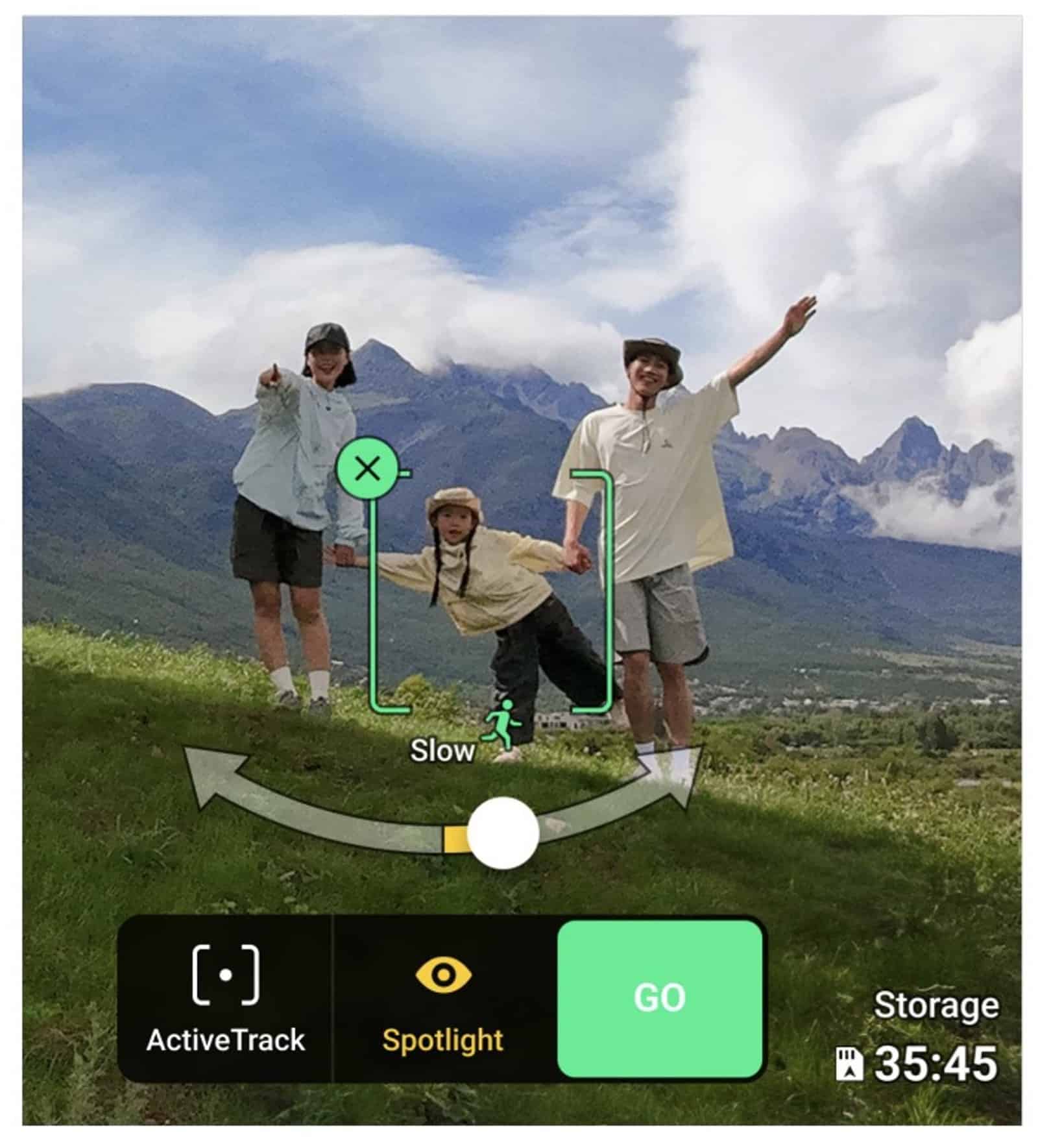 Tracking view with the speed dial set to Slow and a green GO button.