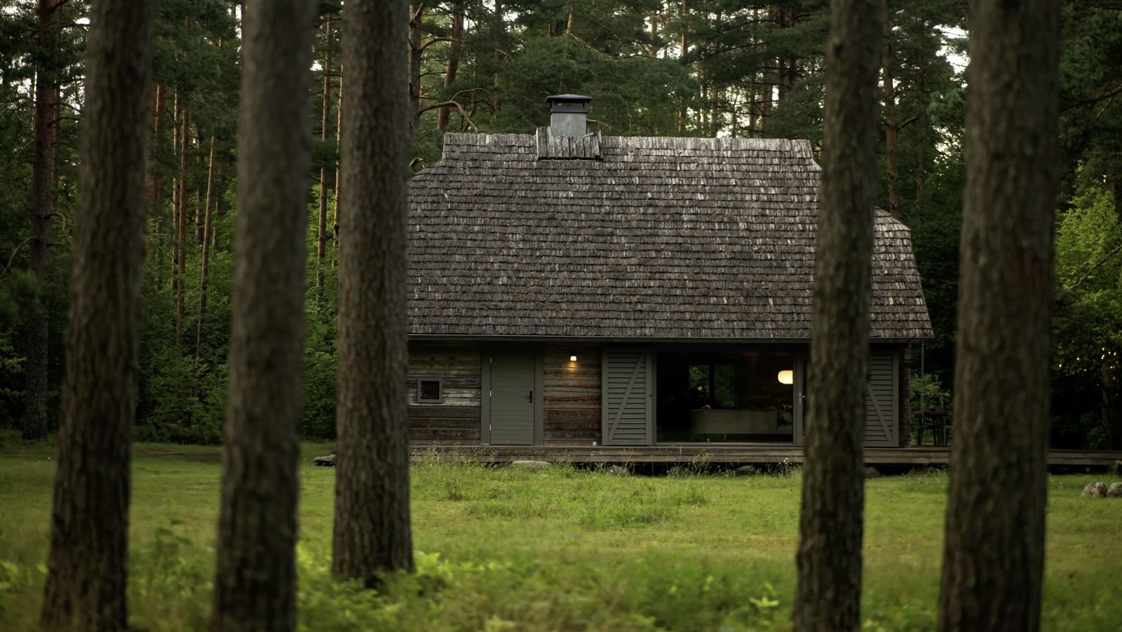 Shingle-roofed timber cabin glimpsed between pine trunks in a green clearing.