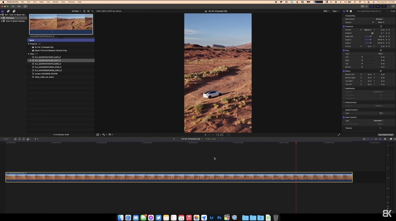 Screenshot of an editing timeline scaling a desert clip into a portrait sequence.