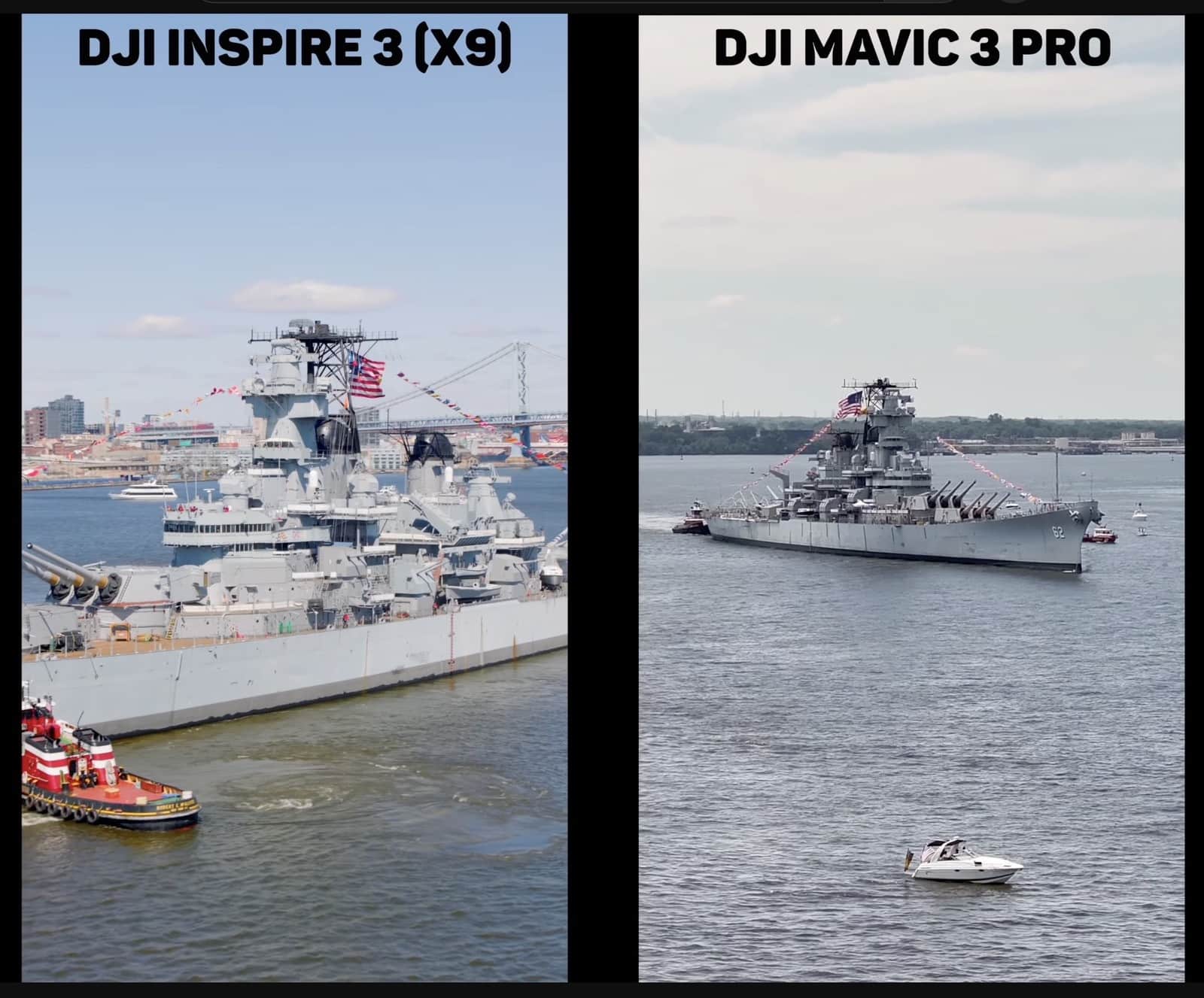 Side-by-side vertical crops of a moored battleship from an Inspire 3 and Mavic 3 Pro.