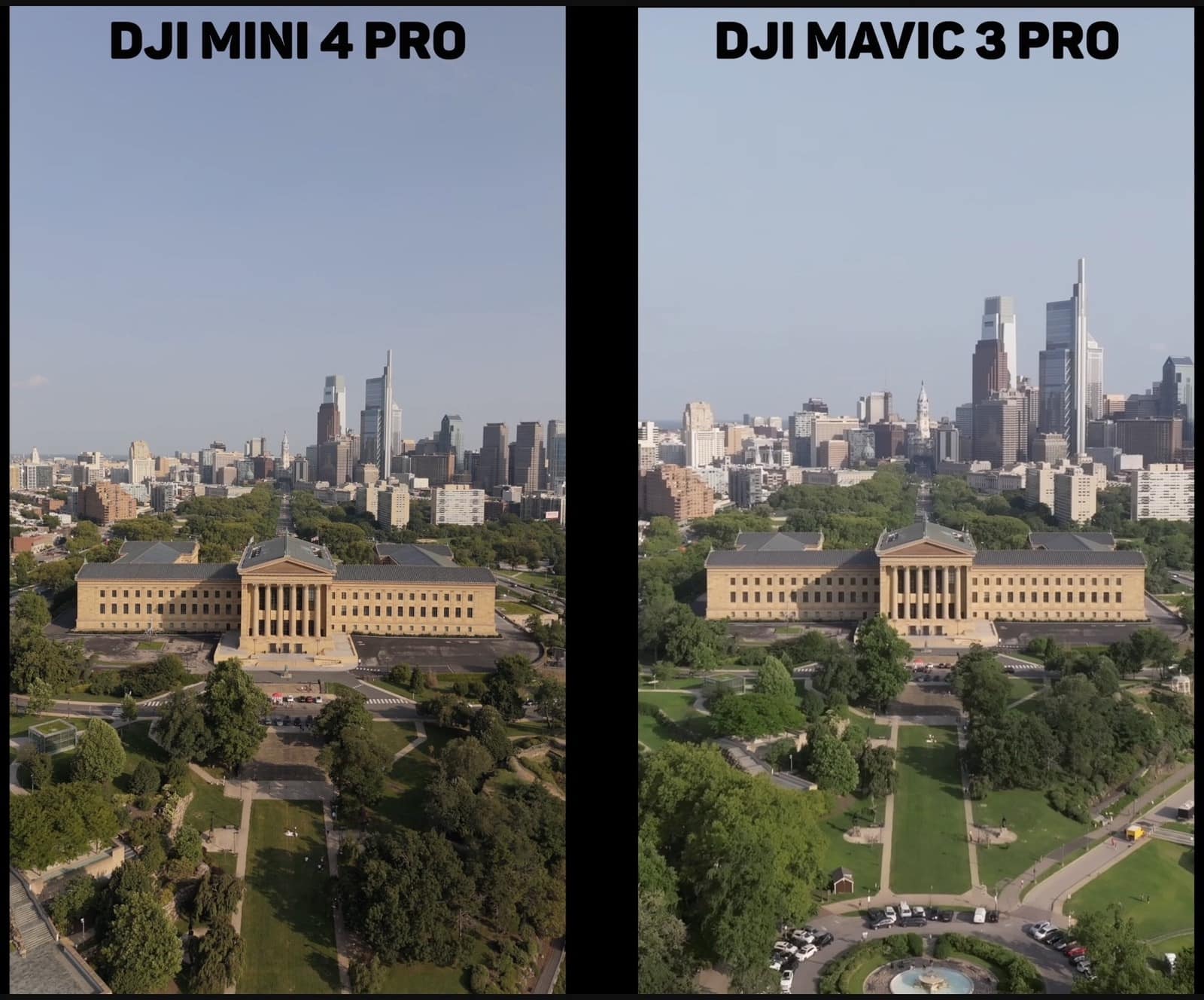 Side-by-side vertical frames of the Philadelphia Museum of Art from two DJI drones.