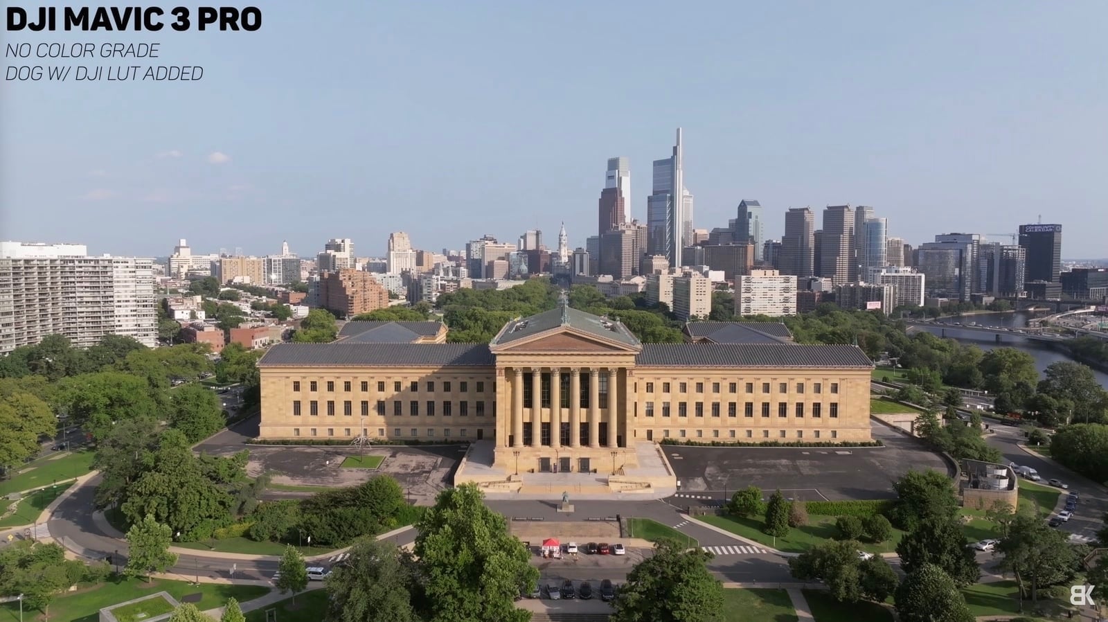 Horizontal Mavic 3 Pro aerial of the Philadelphia Museum of Art and downtown skyline.