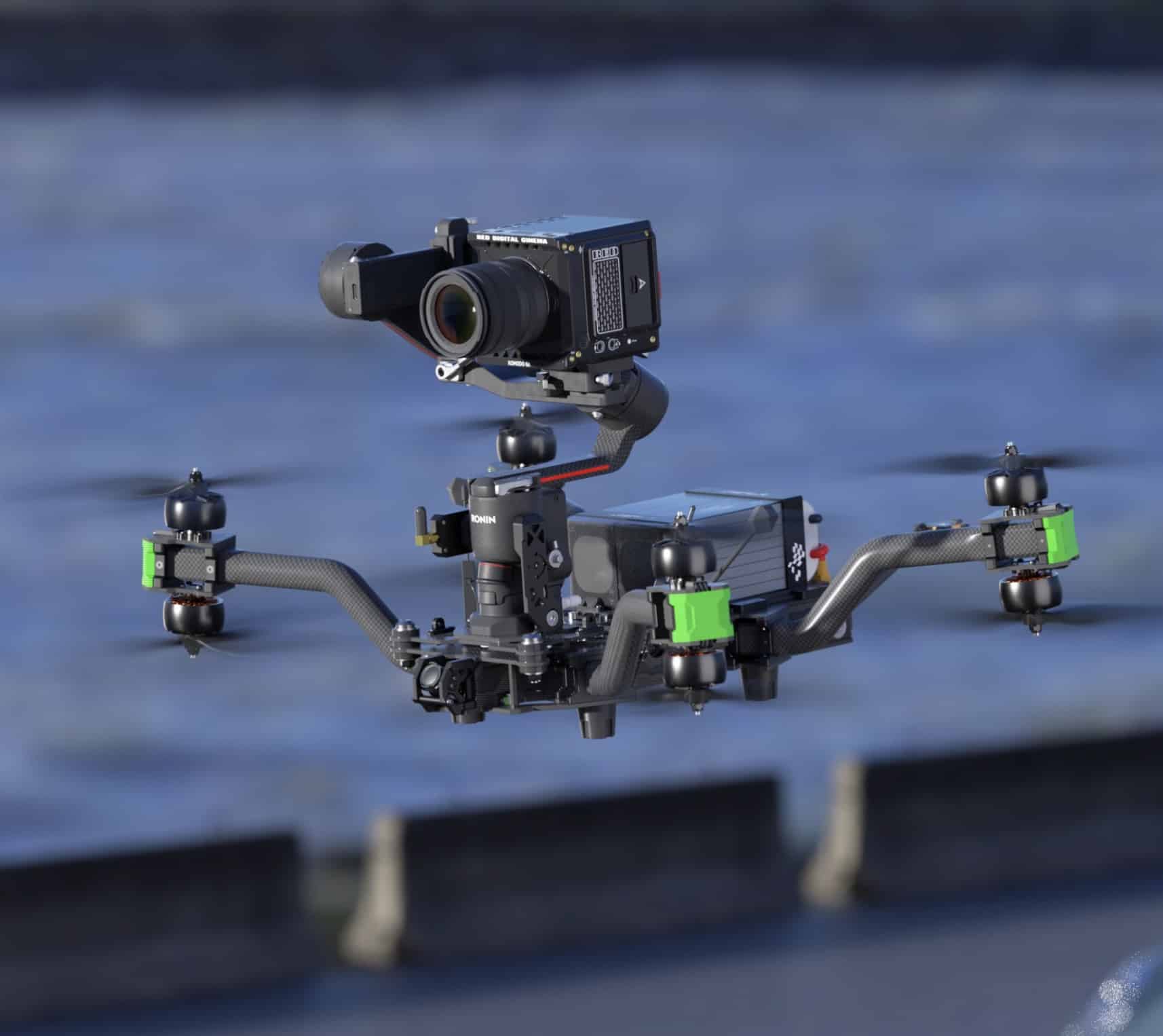 Taurus X8 cinelifter carrying a cinema camera on a gimbal above water.