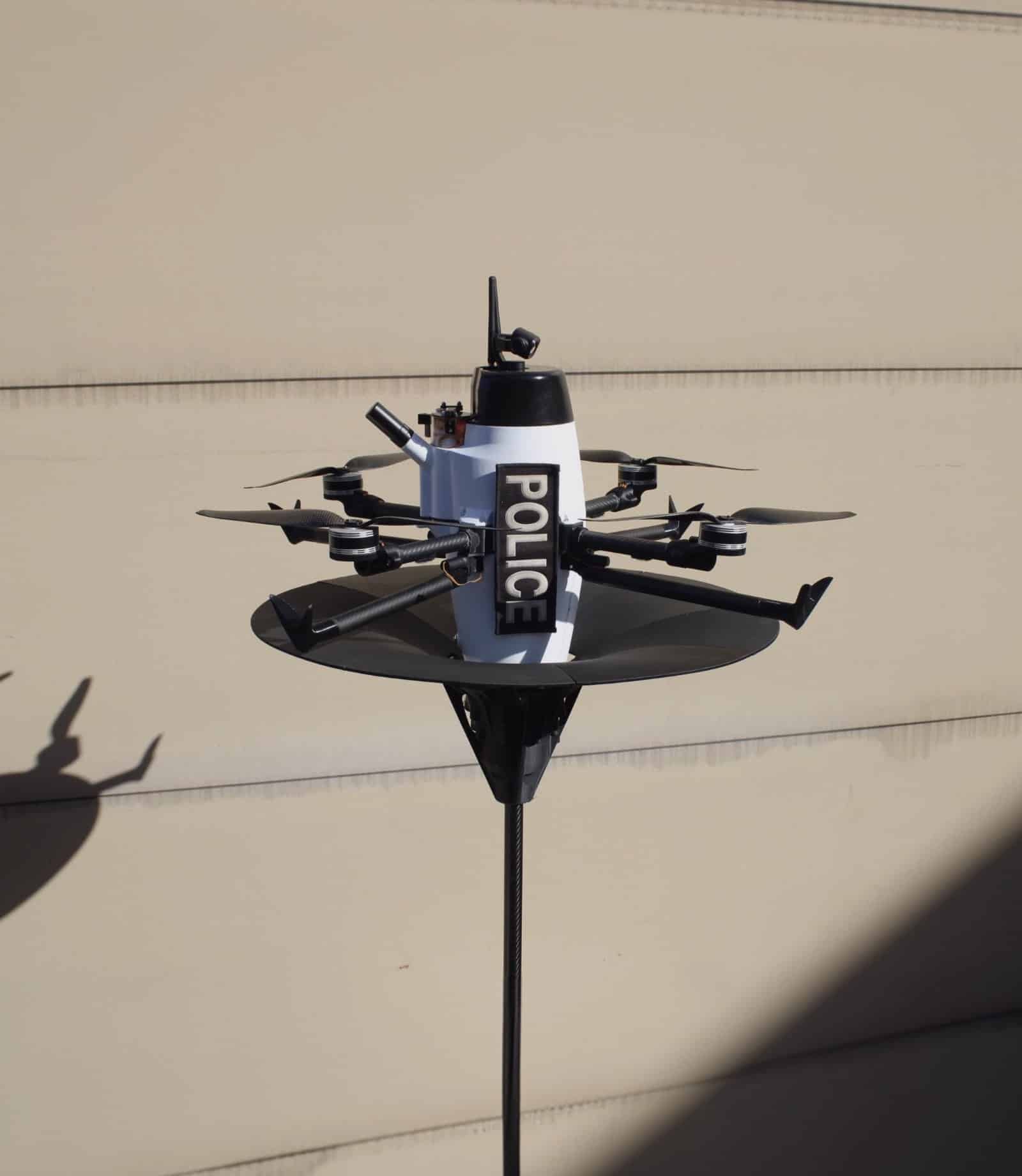 An AV8 nest where drones land to swap batteries and recharge automatically.