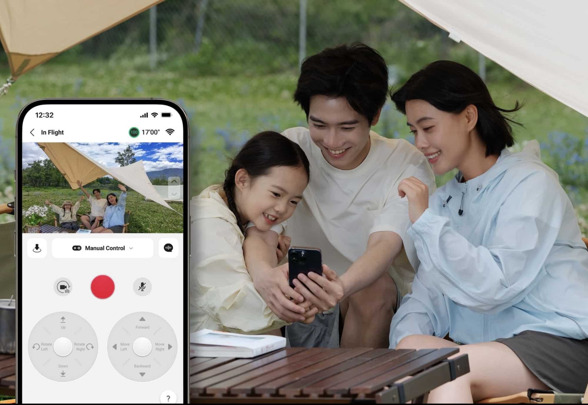 DJI Fly manual control screen alongside a family reviewing footage at a campsite.