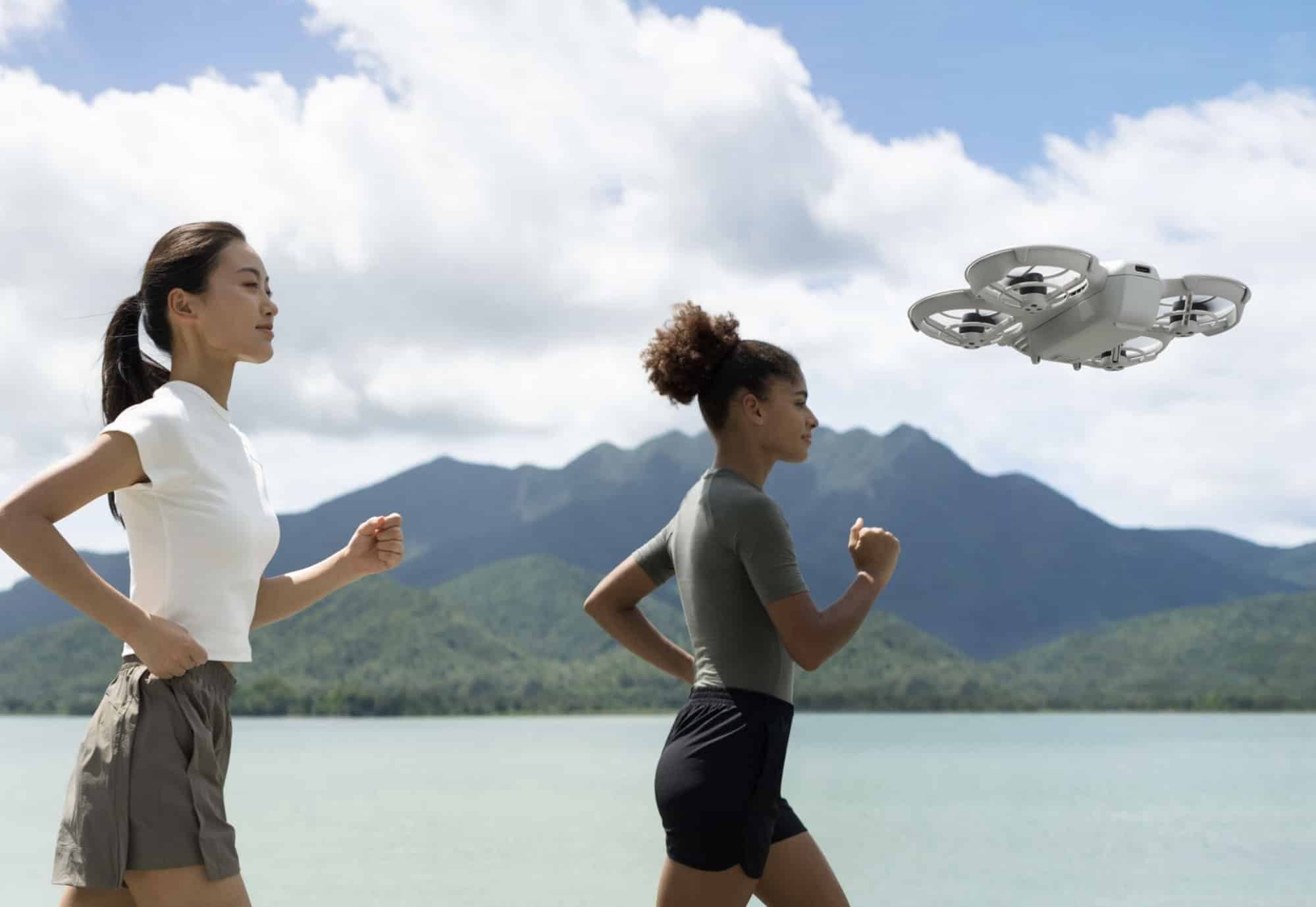 The DJI Neo paired with a controller for longer-range flying.