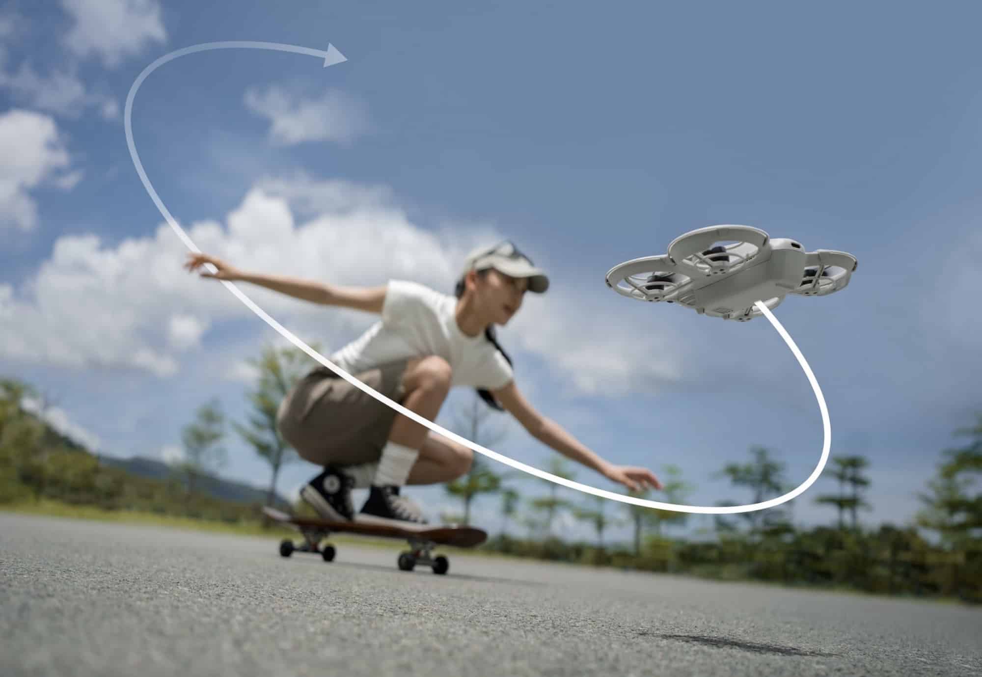 A skateboarder carves a turn as the Neo traces a white orbit around him.