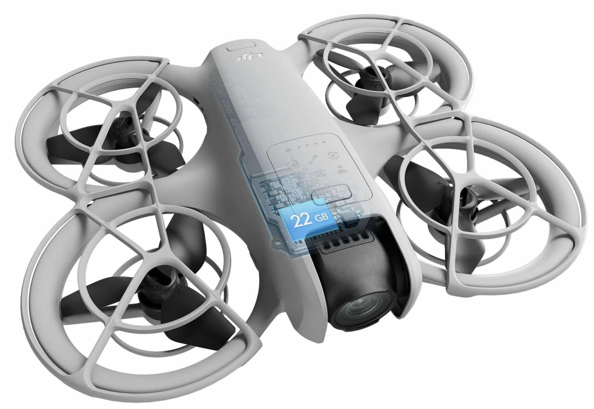 Overhead render of the DJI Neo with its 22GB internal storage highlighted.