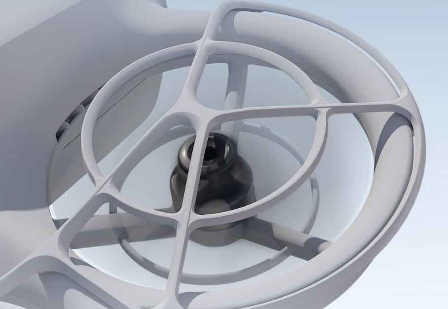 Macro view of a Neo propeller guard with the gimbal camera behind it.