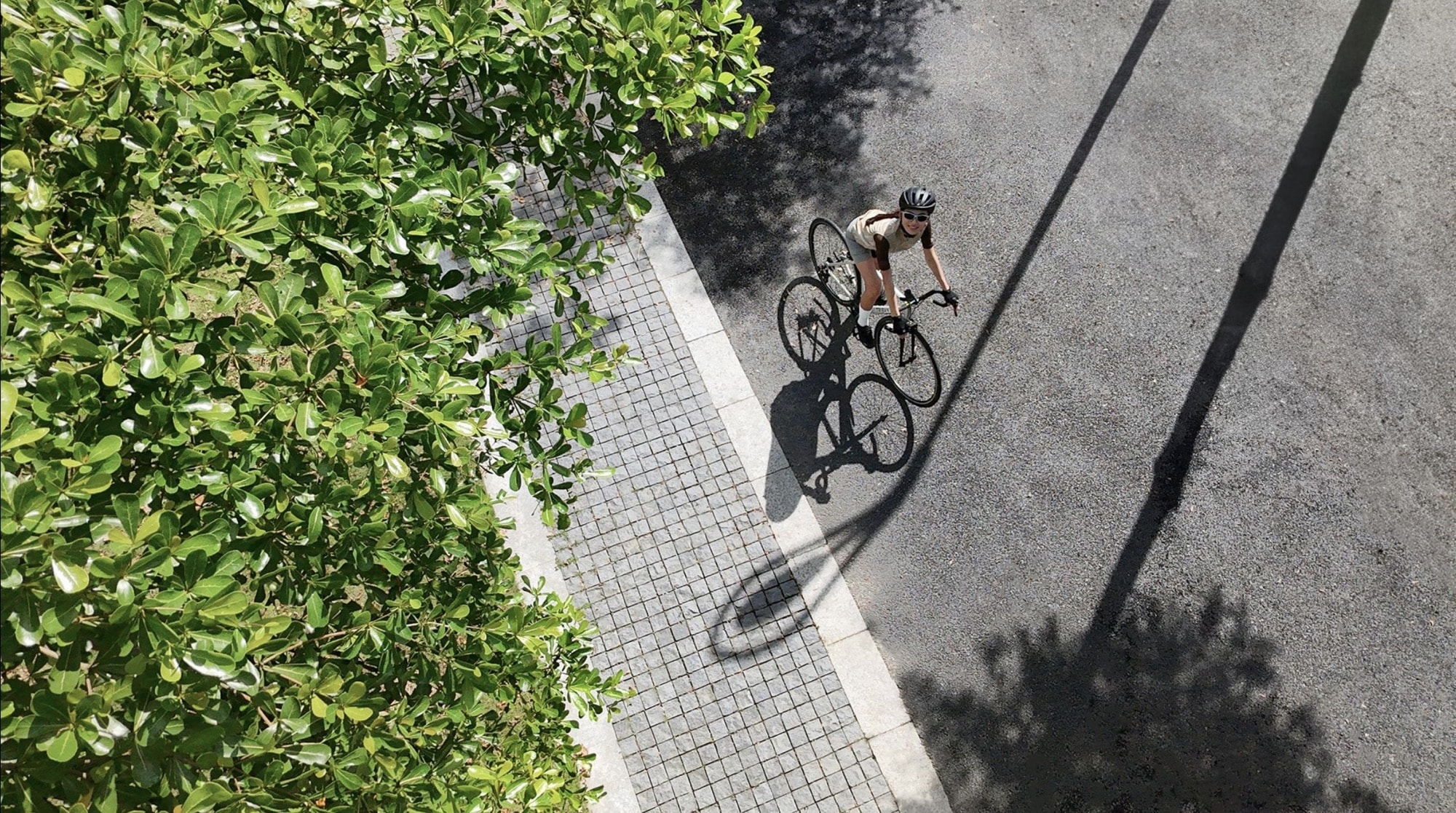 Straight-down Neo frame of a cyclist riding a paved path beside a hedge.