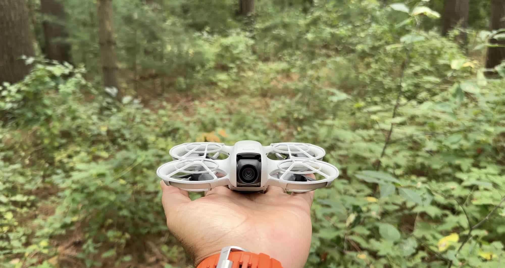 Palm-sized DJI Neo resting on an open hand in the woods.