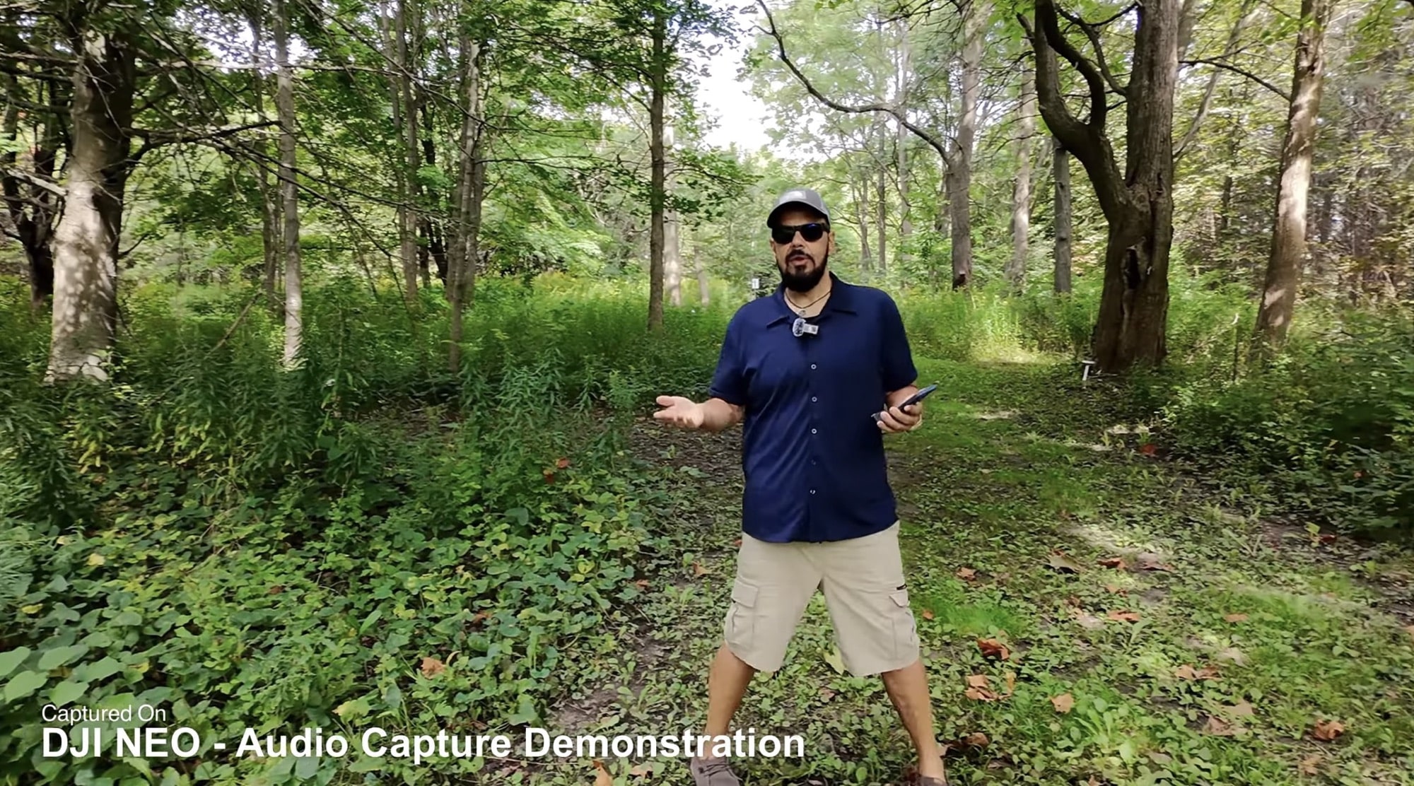 Shawn of Air Photography demonstrating Neo audio capture on a woodland trail.