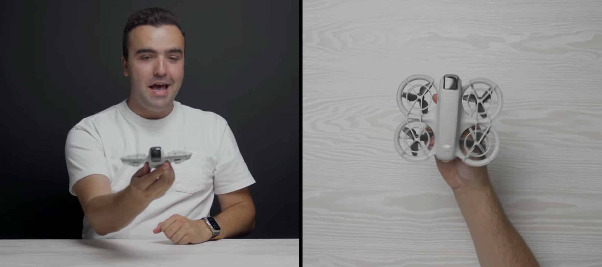 Split frame of the reviewer holding the DJI Neo and the drone on a table.