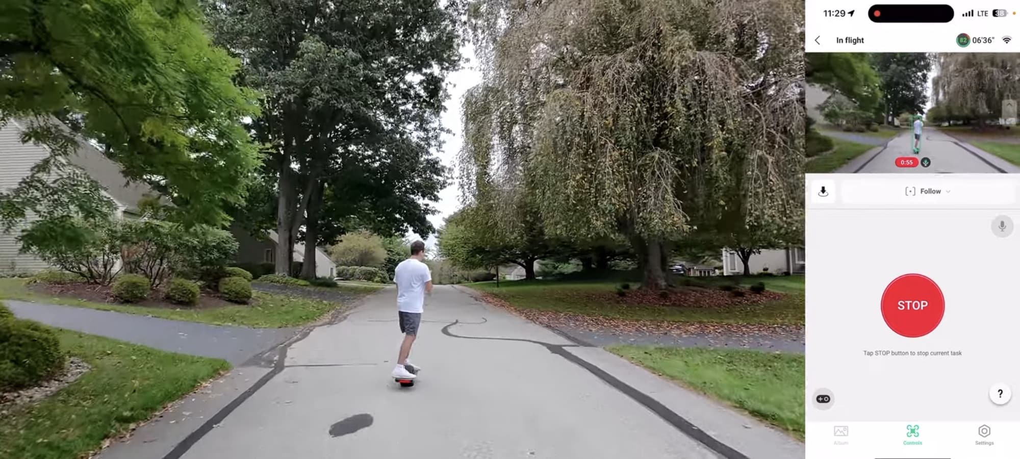 DJI Neo tracking a skateboarder down a suburban street in Follow mode.