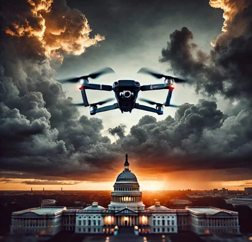 Illustration of a folding drone above the US Capitol under stormy sunset clouds.