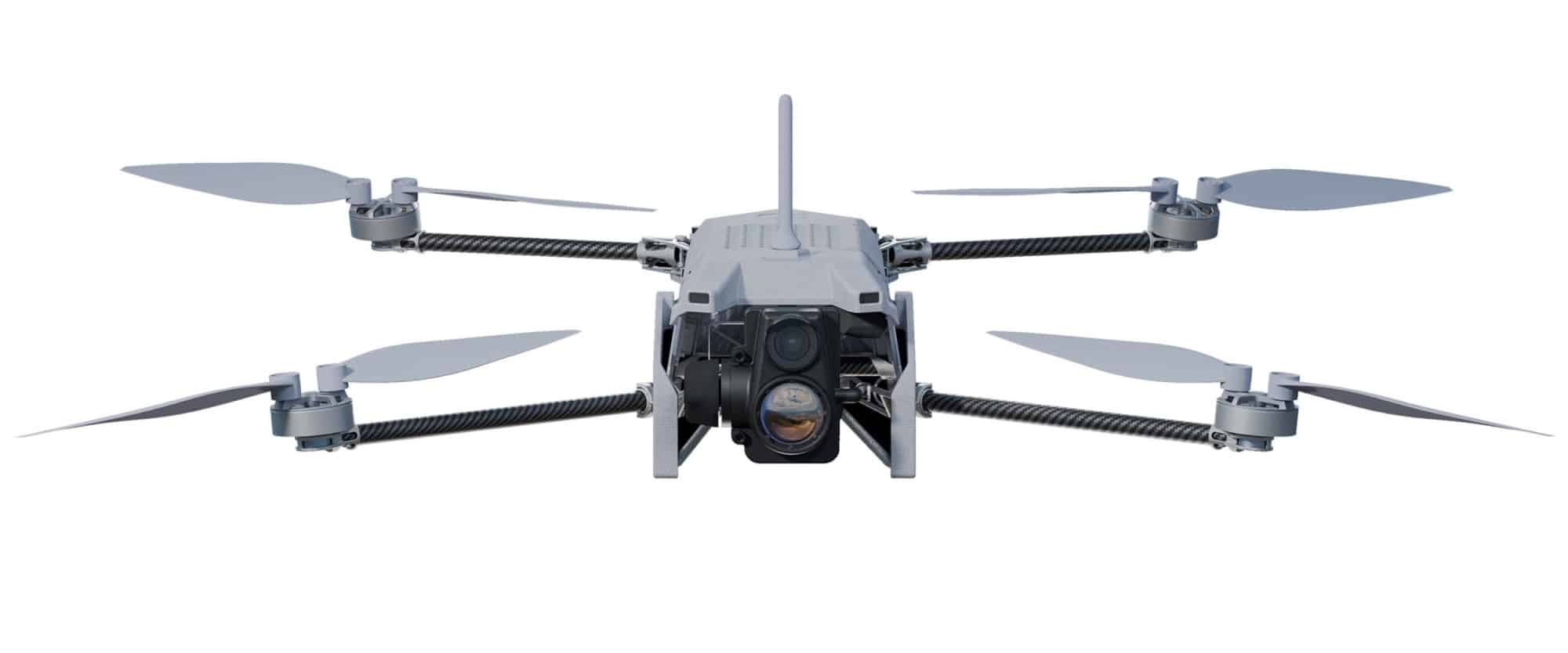Head-on render of the Vantage Robotics Trace with folding carbon arms and gimbal camera.
