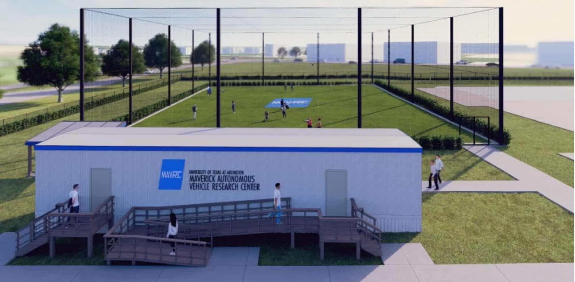 Rendering of the netted drone facility beside its low support building.