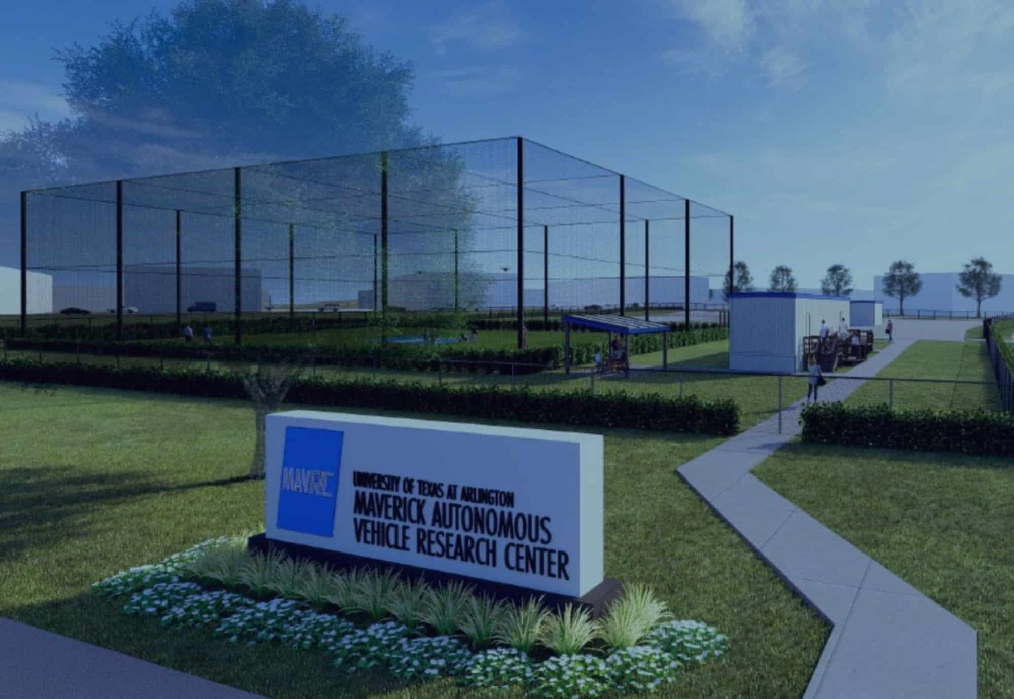 Rendering of the research center entrance sign in front of the netted enclosure.