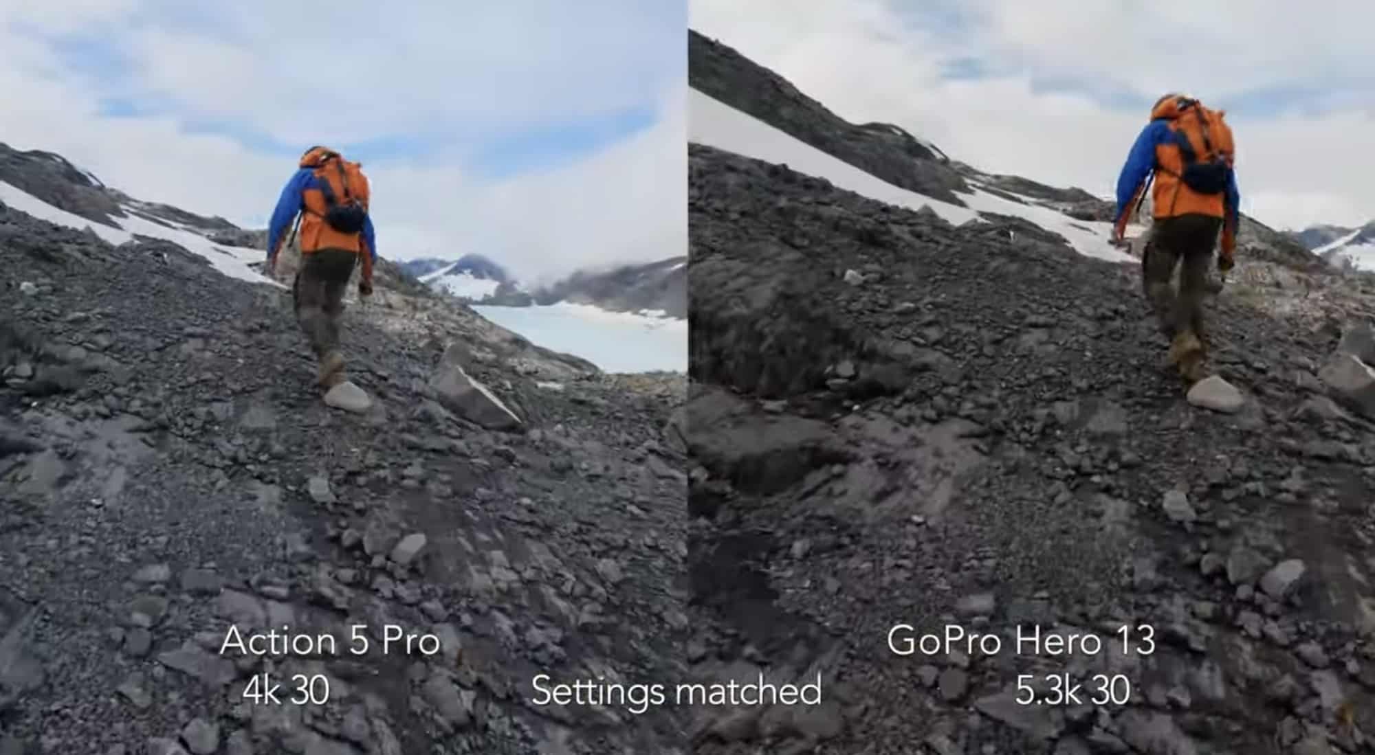Jake Sloan filming Alaskan mountain scenery with both action cameras for the resolution test.
