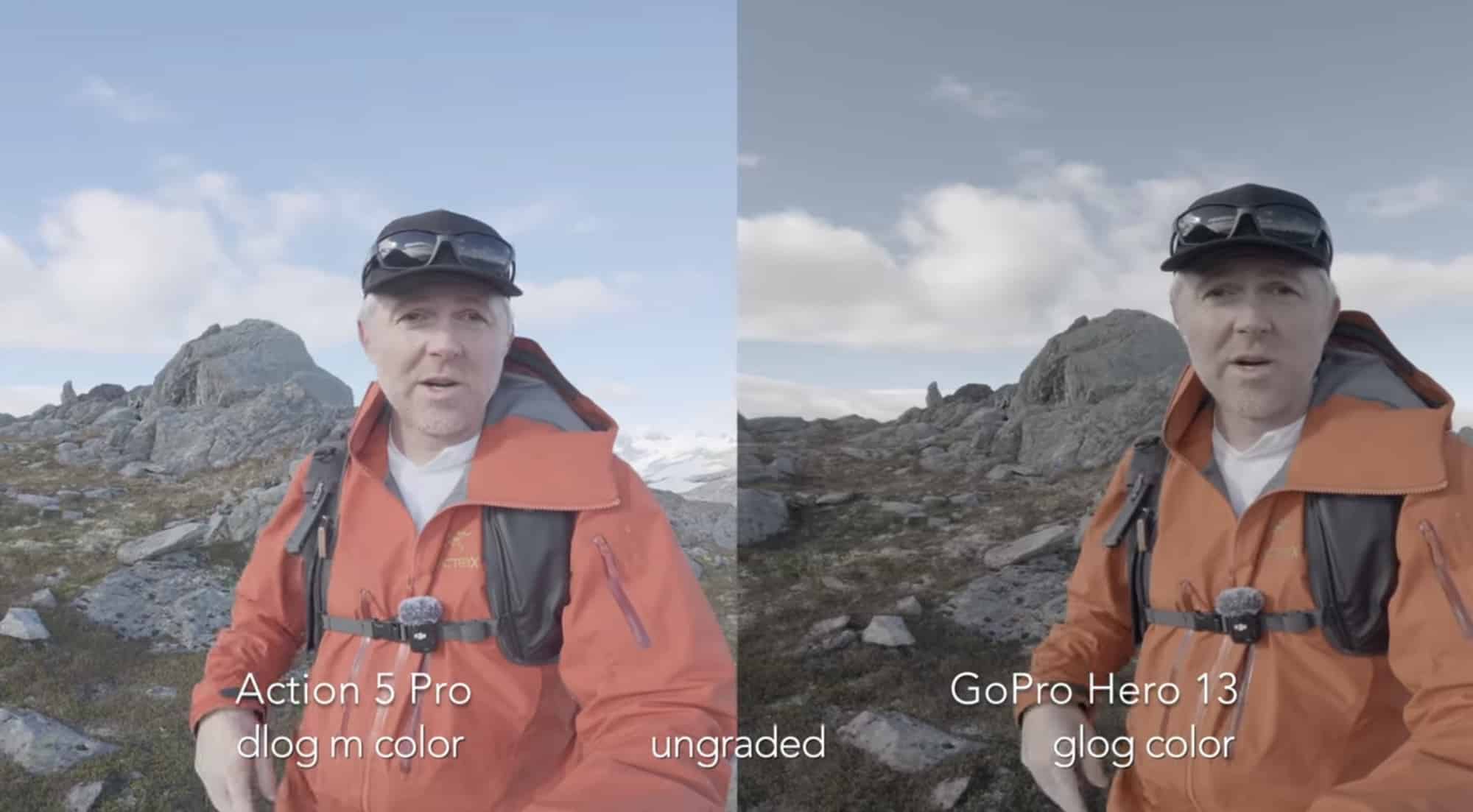 Flat GoPro log footage shown next to DLog M from the Action 5 Pro.