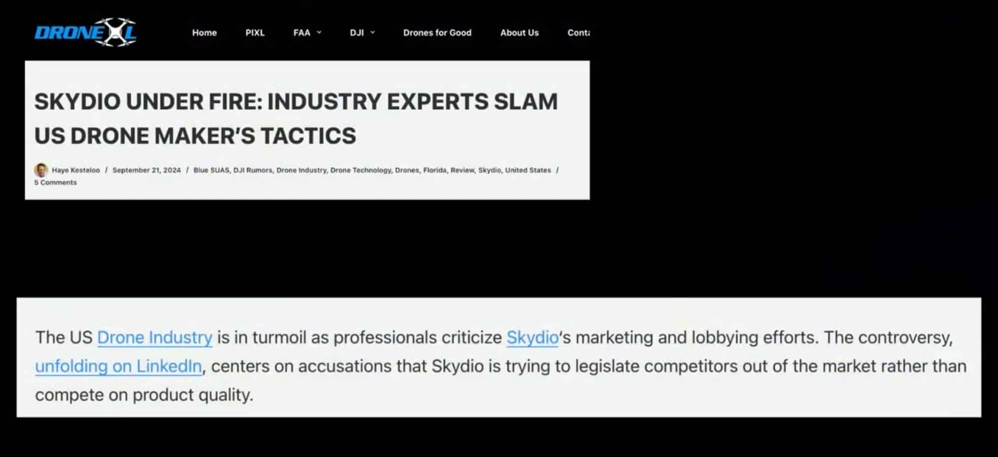 Screenshot of a DroneXL article criticizing the US drone maker's lobbying tactics.