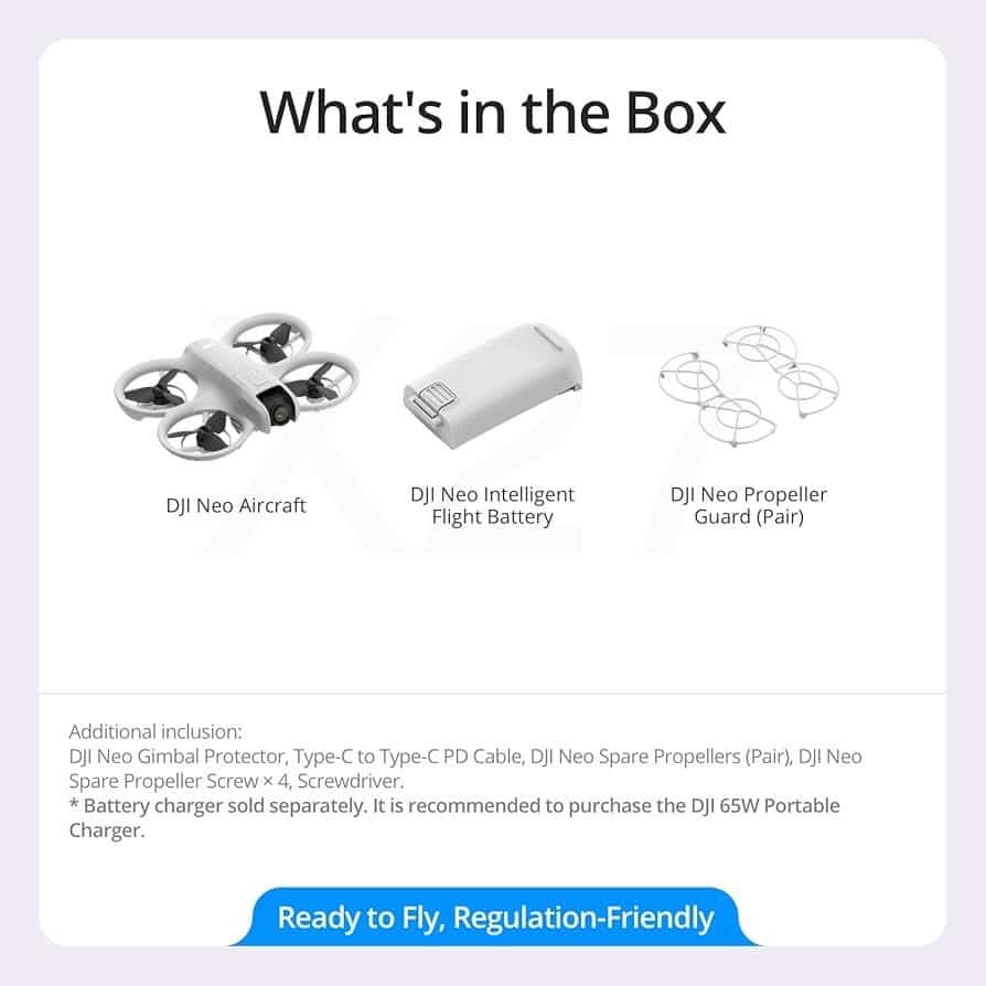 Leaked box contents slide listing the Neo aircraft, flight battery and propeller guards.