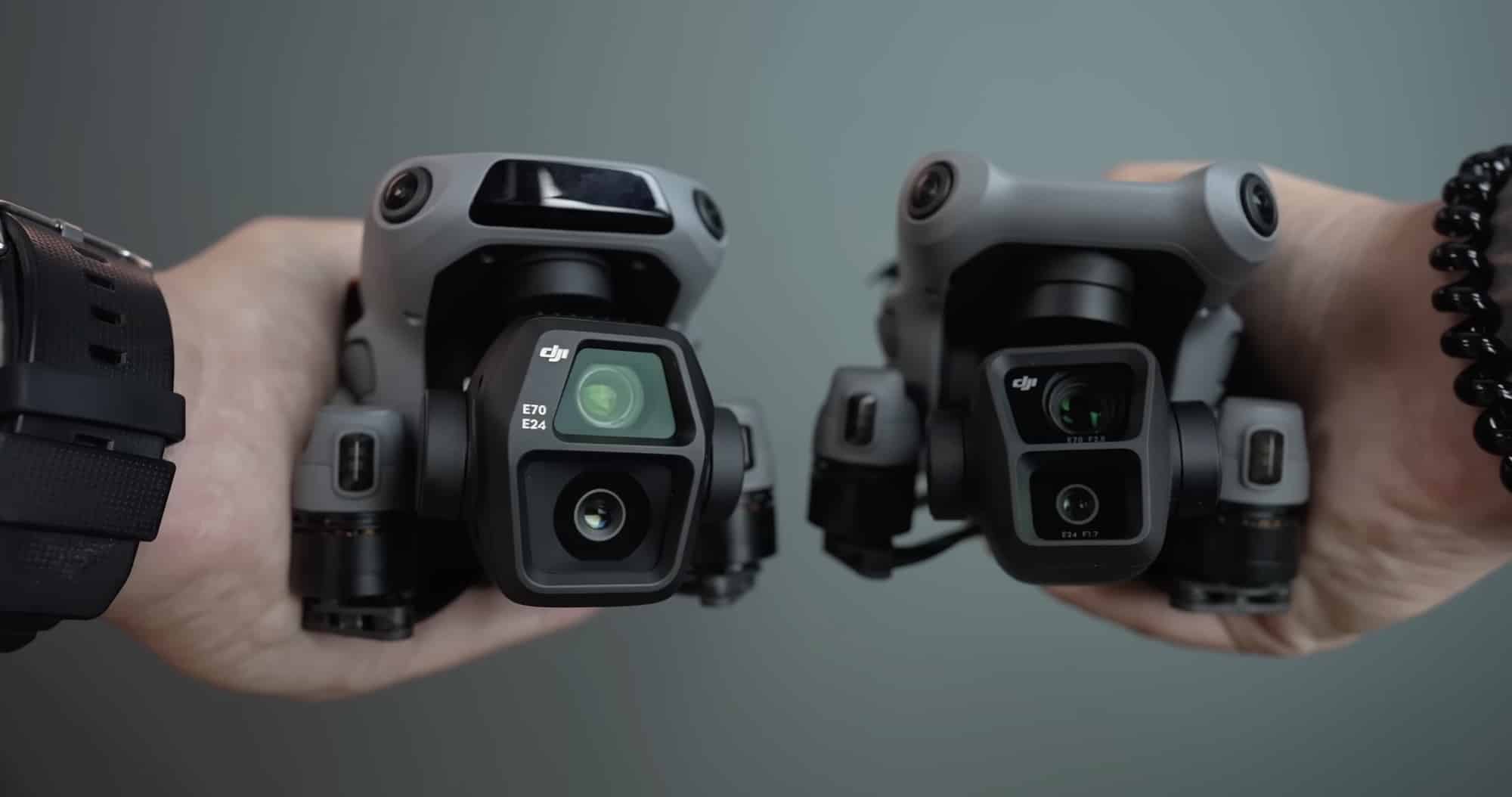 The DJI Air 3S and Air 3 side by side, showing their matching dual-camera heads.