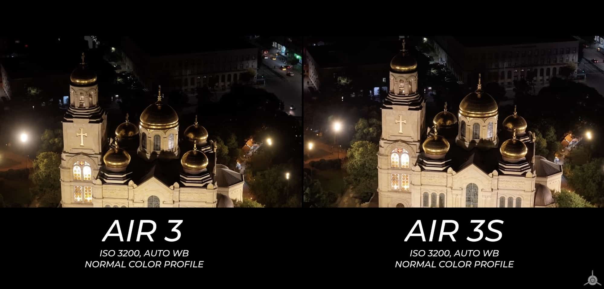Night comparison of a golden-domed cathedral shot by the Air 3 and Air 3S.