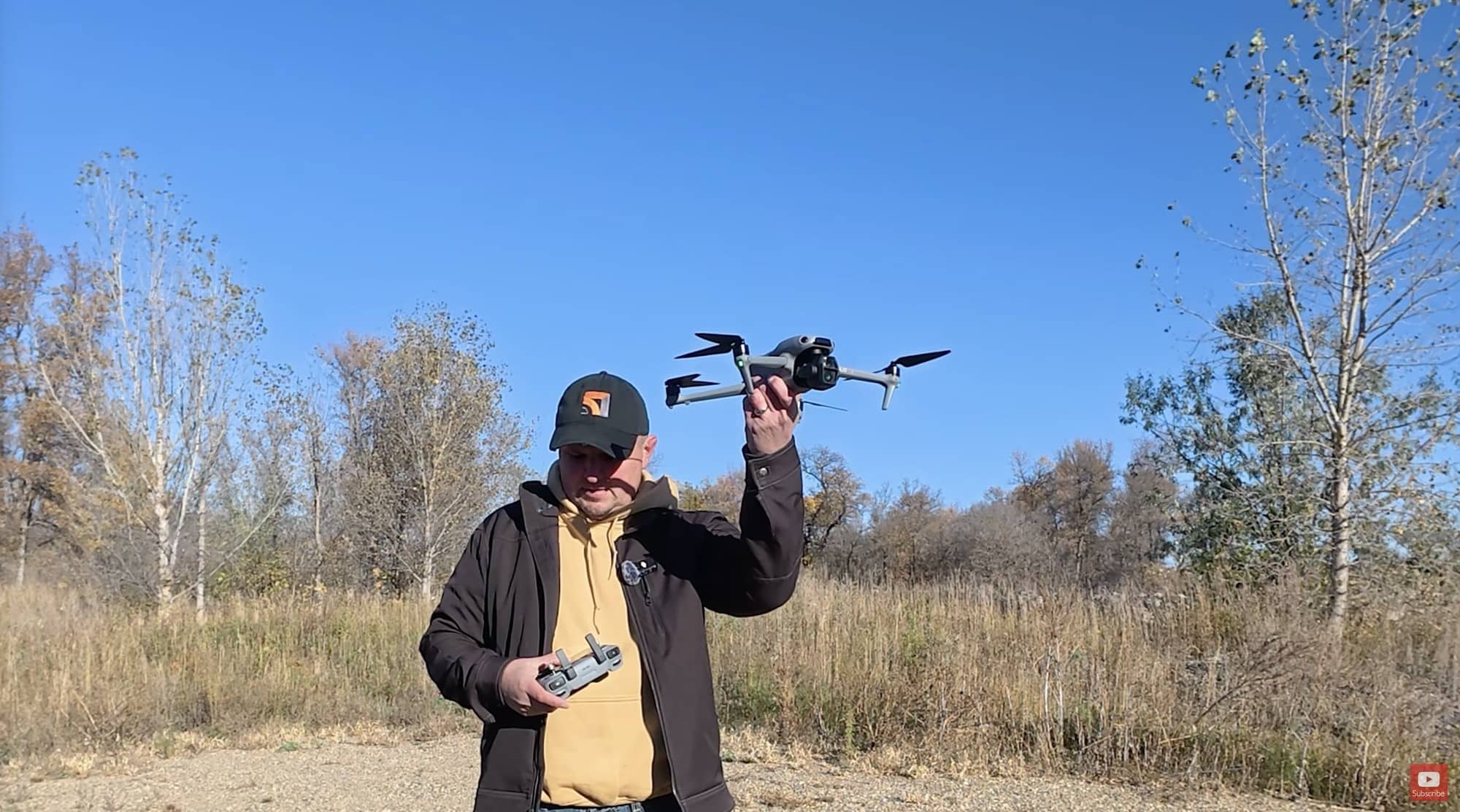 Russ from 51 Drones setting up the DJI Air 3S on a 32-degree Fahrenheit morning.